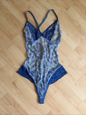 Blue Floral Lace Sheer Bodysuit